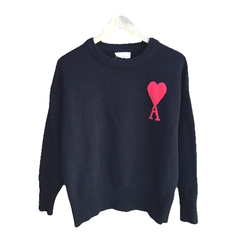 Ami Paris De Coeur Black Crewneck Wool Blend Sweater Mens Small Heart Logo